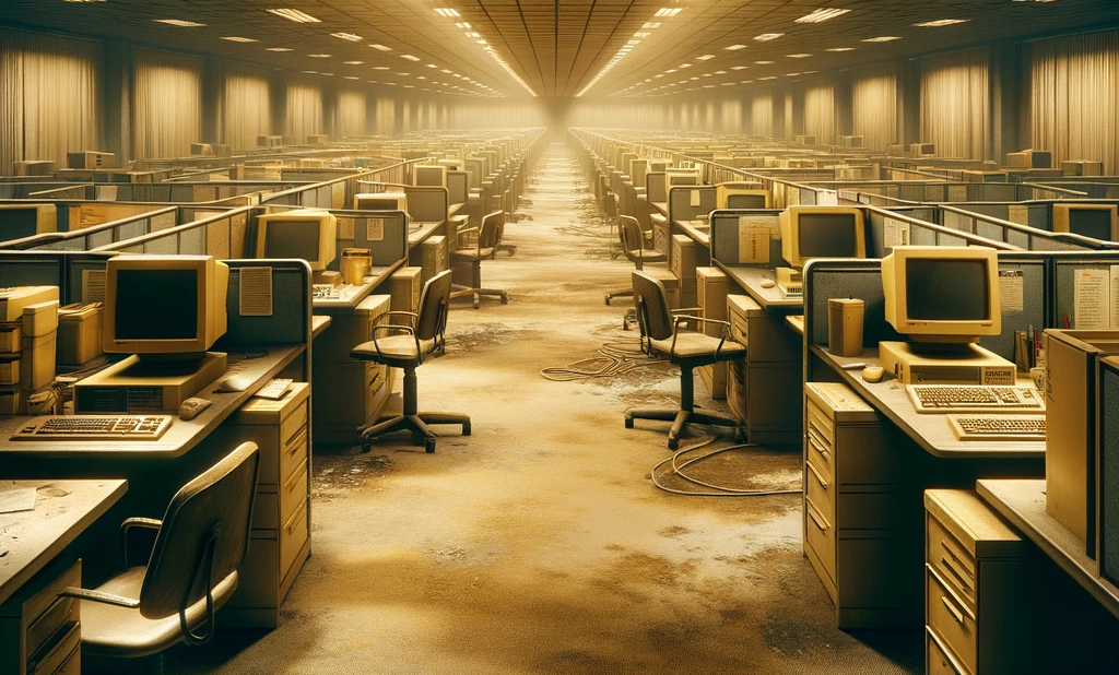 A photo-realistic image of a liminal office space, styled in the manner of the backrooms. 