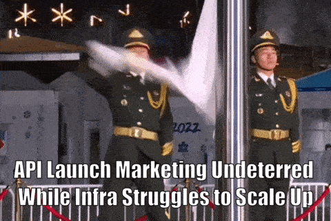 Animated GIF of a Chinese soldier raising the Olympic flag with the caption "API Launch Marketing Undeterred While Infra Struggles to Scale Up"