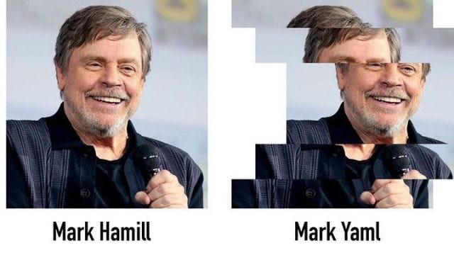 Meme showing two images side by side, one of Mark Hamill, and the same image but indented, entitled 'Mark YAML'. 