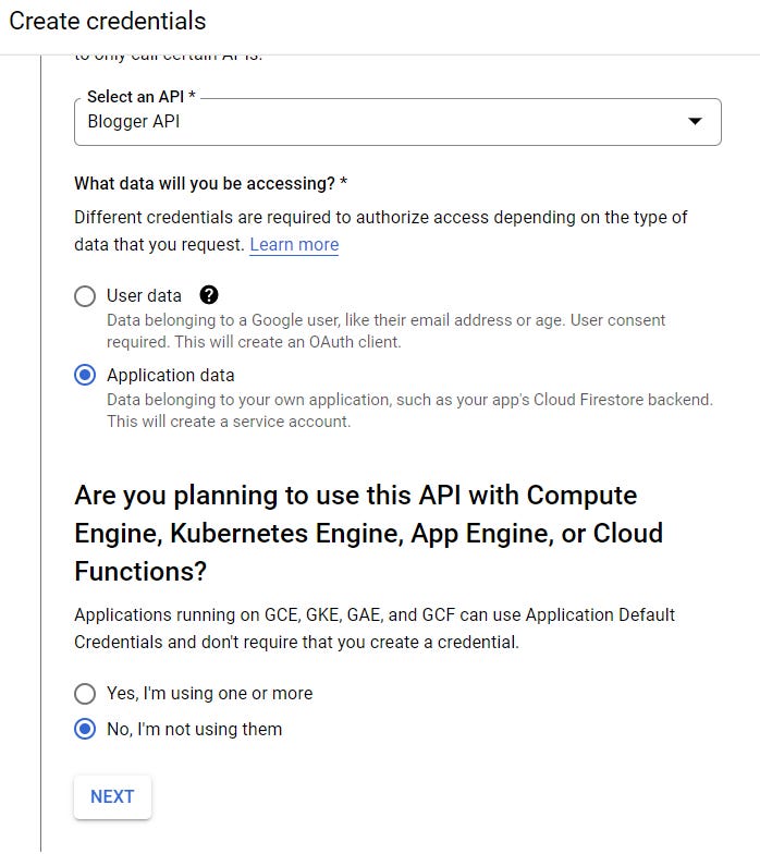 Screen capture of the Google credential creation process for the Blogger API.