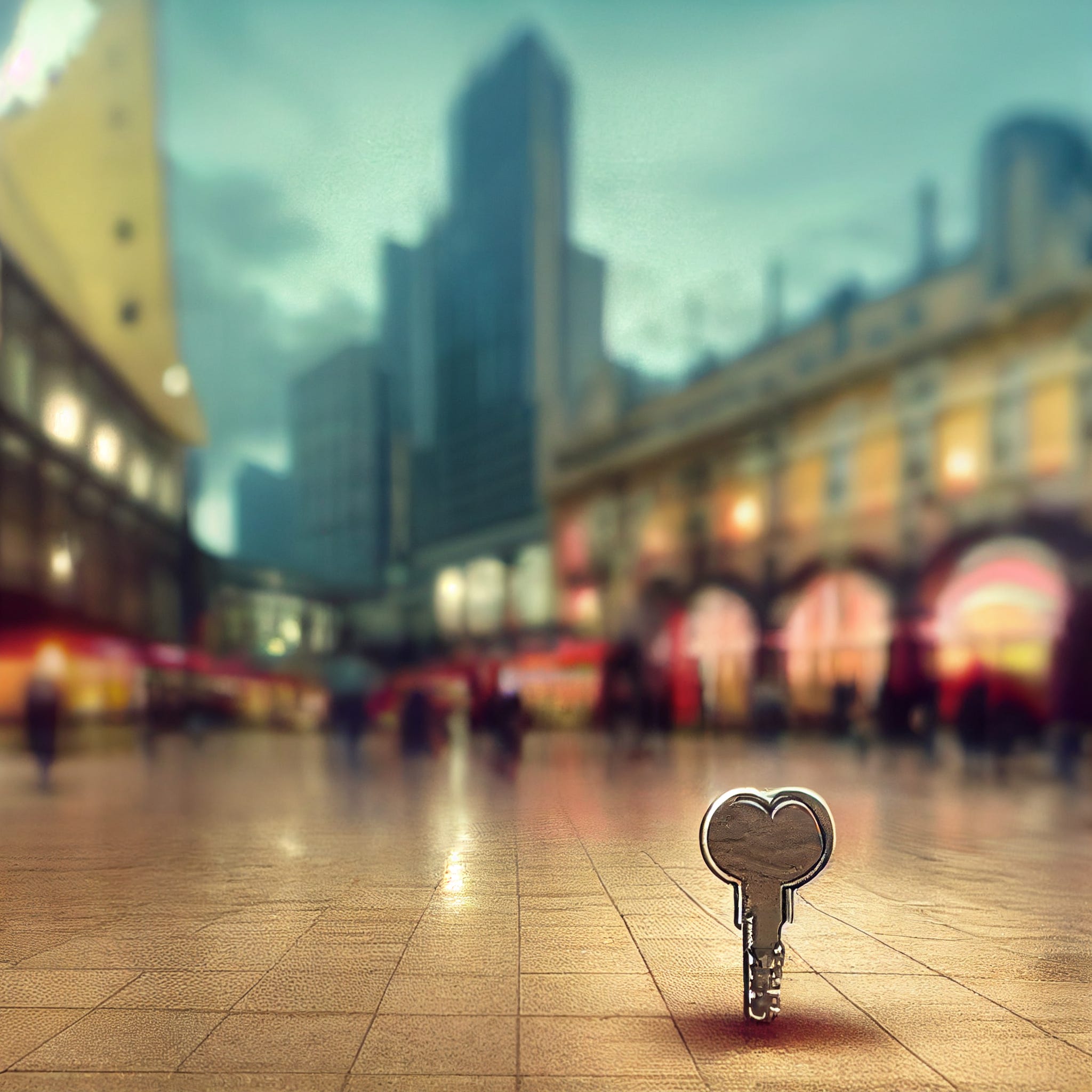A picture of a key on the ground in front of a blurred city backdrop.