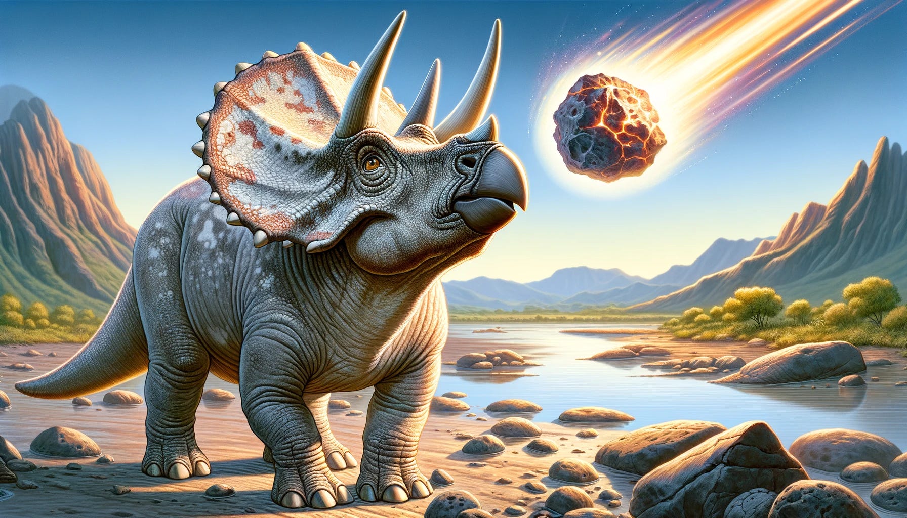 An illustration suitable for a science textbook, depicting a triceratops looking upward with a concerned expression as it observes a large meteor descending from the sky. The style should be educational and realistic, commonly used in academic texts, with clear details and accurate proportions. The triceratops should be anatomically correct, set in a scientifically plausible prehistoric landscape. The meteor should be rendered in a way that emphasizes its size and the threat it poses, with an educational focus on the natural event.