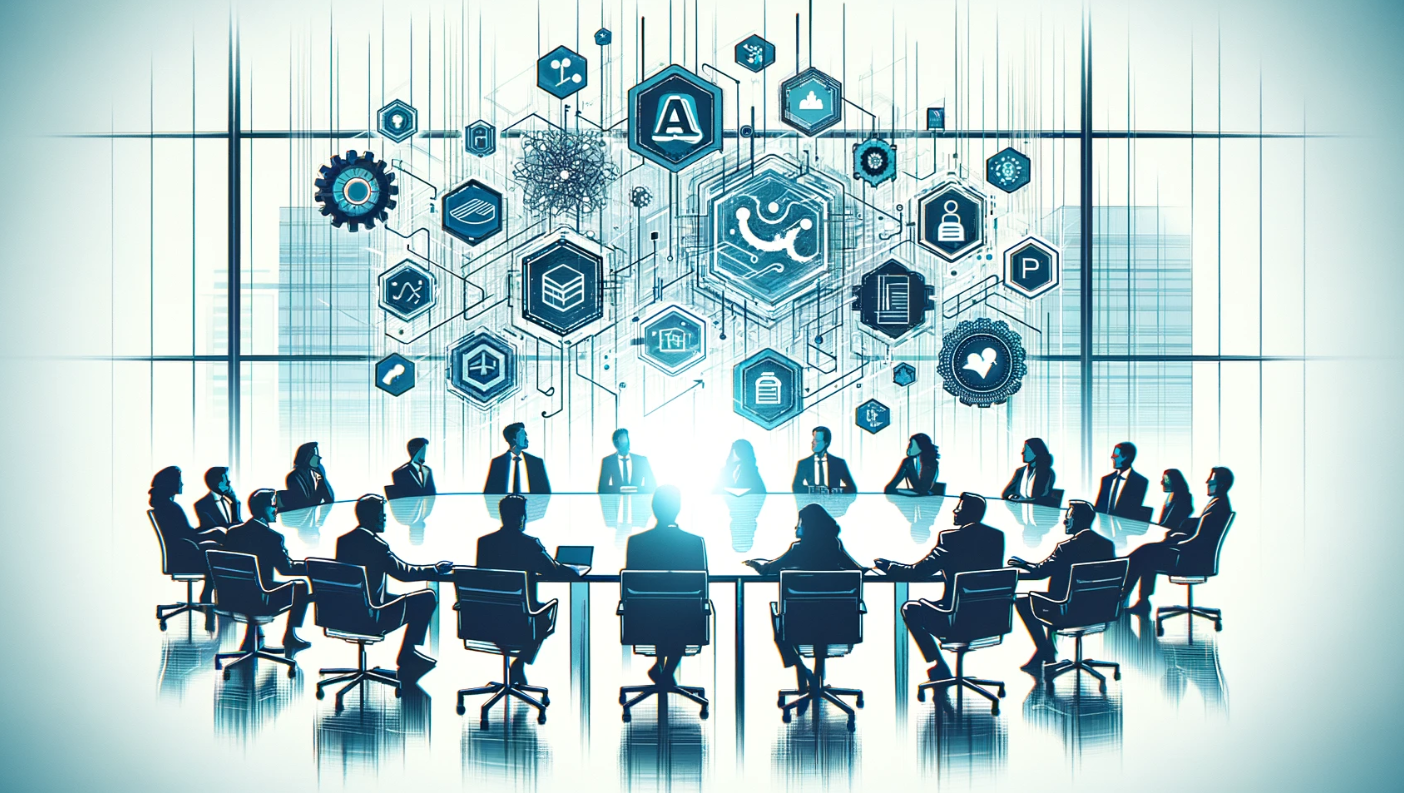A banner image depicting a corporate office setting where a group of professionals are engaged in a discussion around a modern glass conference table. Above the table, abstract digital symbols and lines float, symbolizing the flow of ideas and connections. 