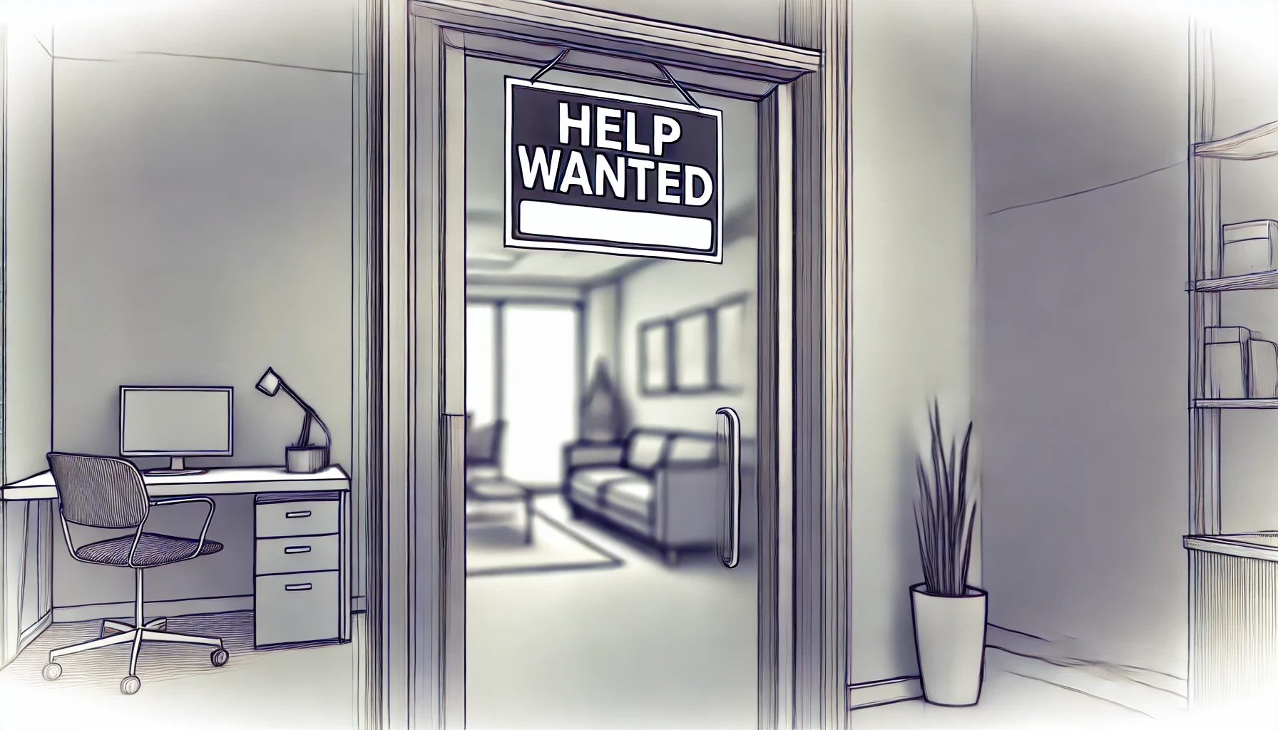 A illustration of a 'Help Wanted' sign hanging from outside a modern office door. 